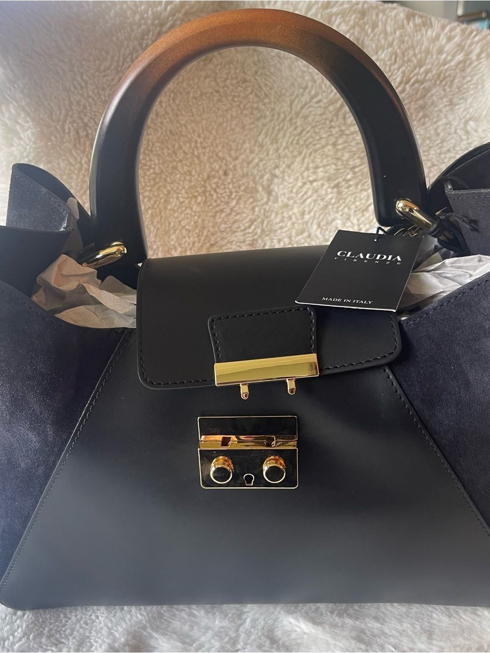 Claudia Firenze - Isadora Black Chamois Women Handbag - Genuine Leather & Suede - Picture 2 of 12